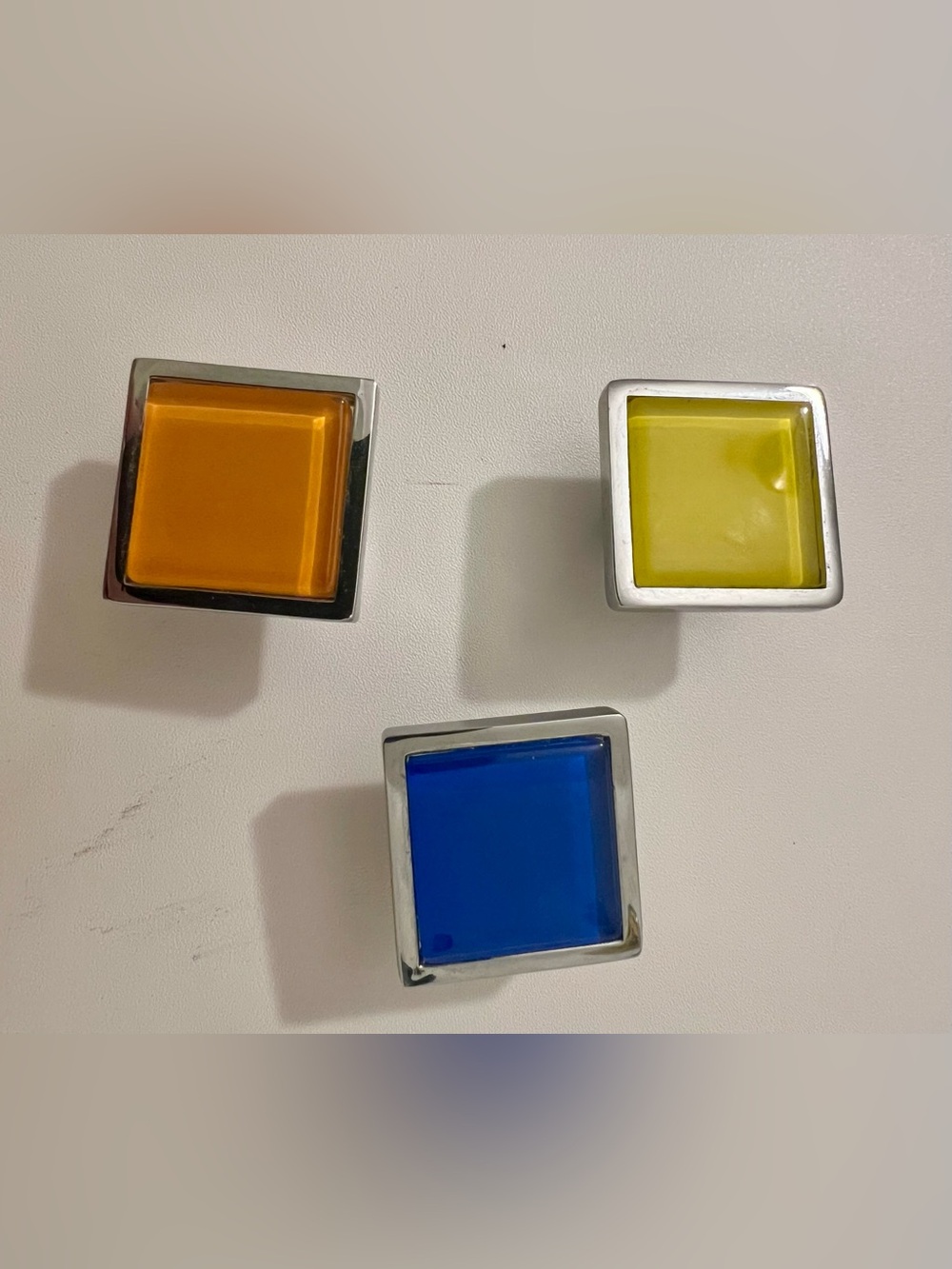 Decorative Glass and Chrome Square cabinet knobs Set - Blue, Yellow, Orange